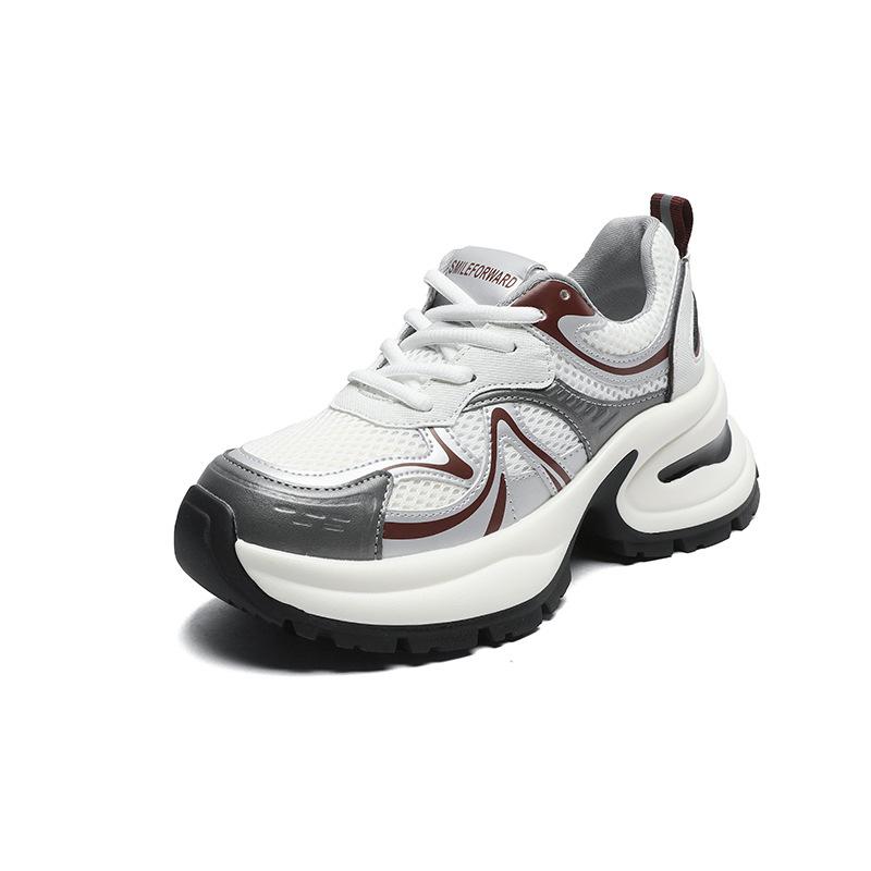 Popular dad shoes women's 2025 spring new leather thick-soled 7CM heightening small casual shoes mesh sneakers