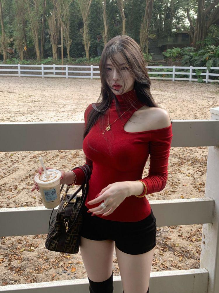 260g Cotton Modal American Spicy Girl High Neck Off-Shoulder Slimming Bodycon Waist-Cinched Chic Casual Top