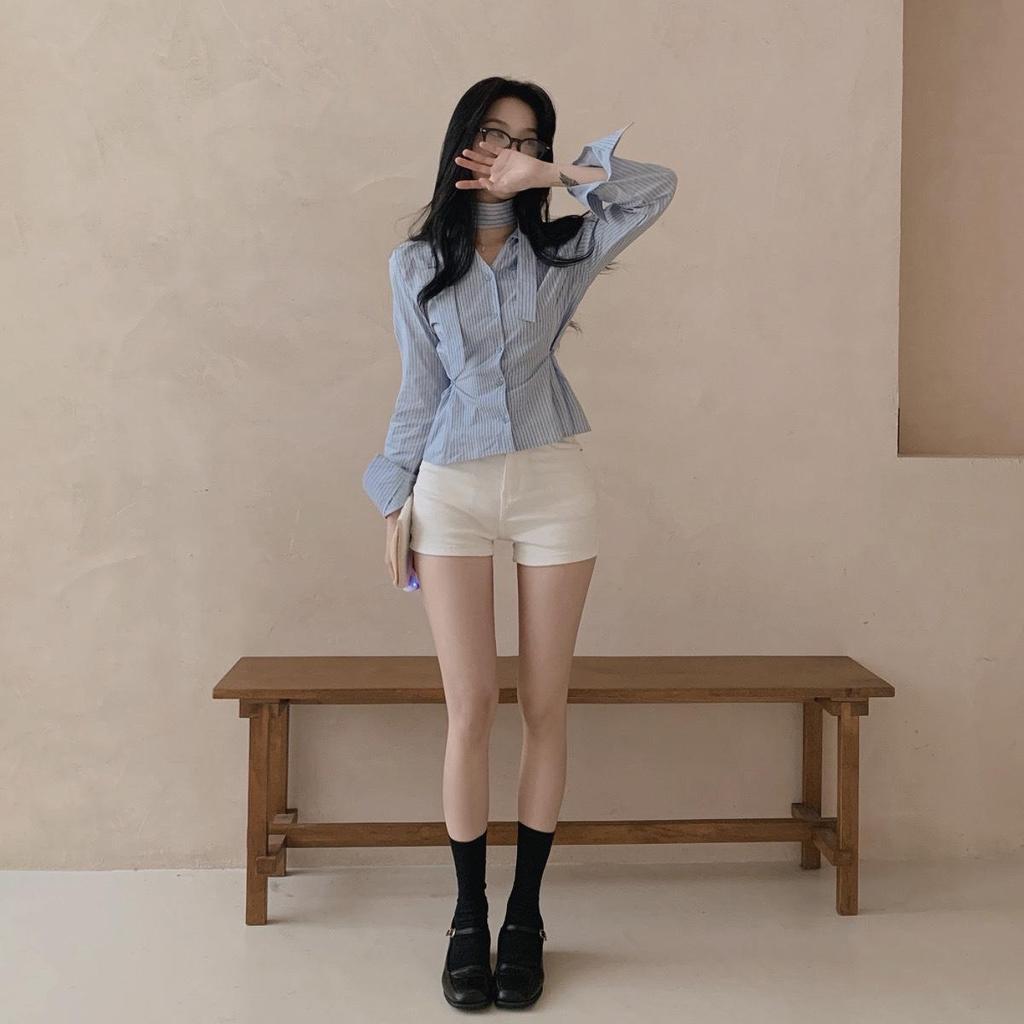 2026 Spring/Autumn Korean Chic V-Neck Ribbon Waist-Cinching Versatile Striped Women's Top