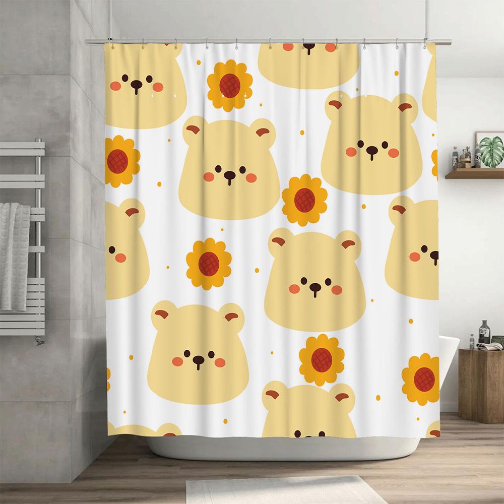 Adorable Yellow Bear Sunflower Shower Curtain For Bathroom Decor Creative Home Decoration Waterproof Fabric Backdrop