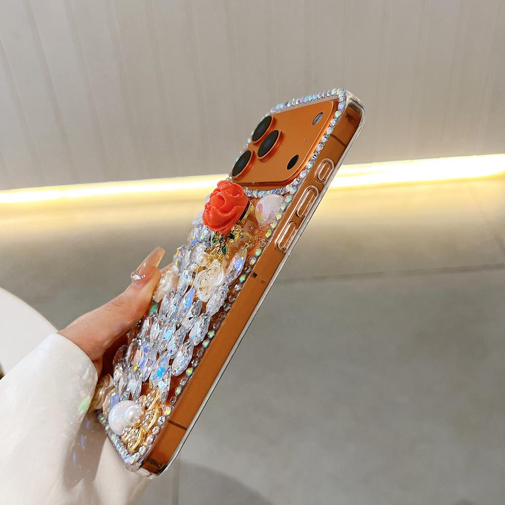 Luxury 3D Bling Rhinestone Floral Phone Case For iPhone 17 16 15 14 13 12 11 Pro Max Air mini 16e 8 7 Plus X XS XR, Crystal Diamond Rose Glitter Cover
