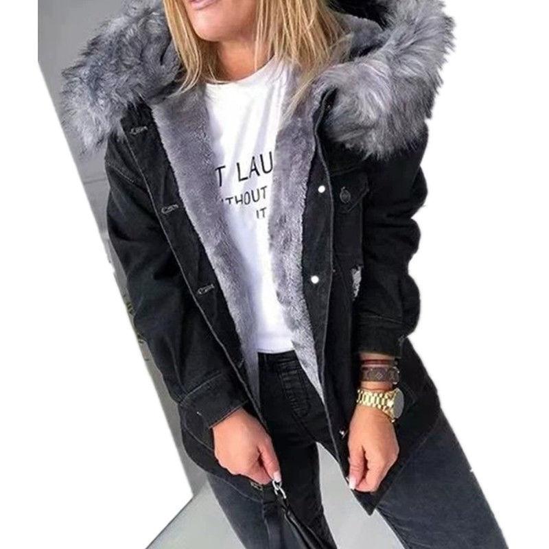 

Женская джинсовая куртка зимняя бархатная утолщенная теплая верхняя одежда ветрозащитные отверстия модный тренд свободный деним M чёрный