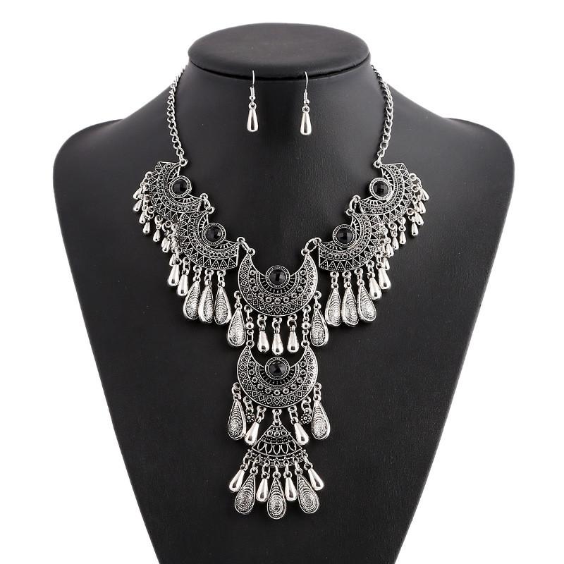Drop Elegant Water Pendant Necklace Earrings Set Women Vintage Accessory Jewelry