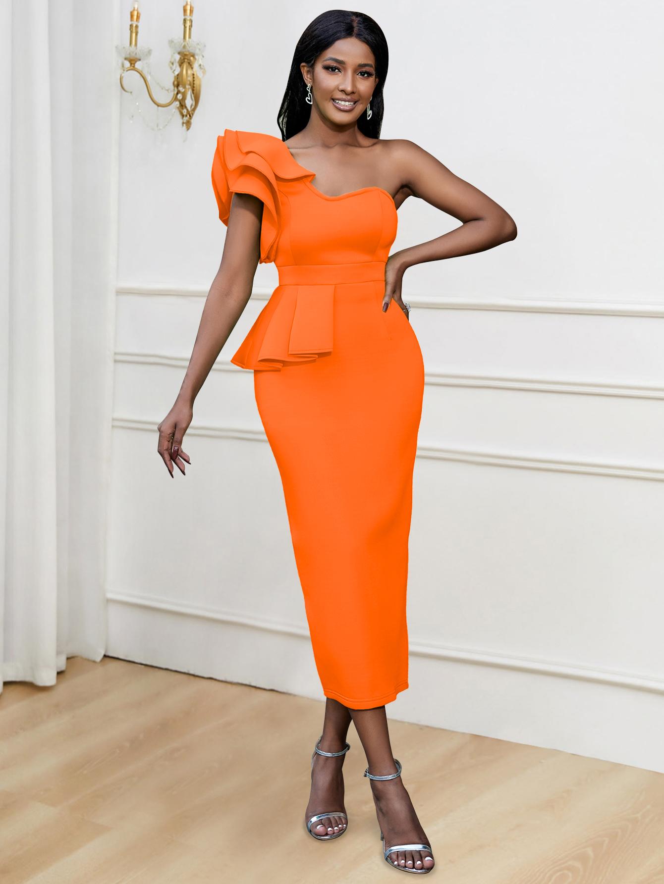 

AOMEI вечерние платья на одно плечо с оборками на рукавах, облегающие облегающие платья длиной до щиколотки, наряды для вечеринок и мероприятий 4XL оранжевый