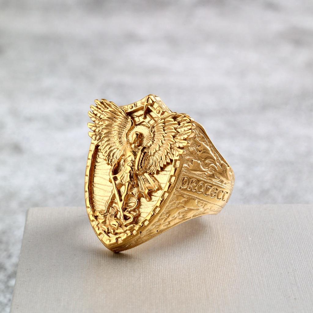 Vintage Stainless Steel Men's Ring Solid Punk St. Michael's Angel Dragon Slayer Ring