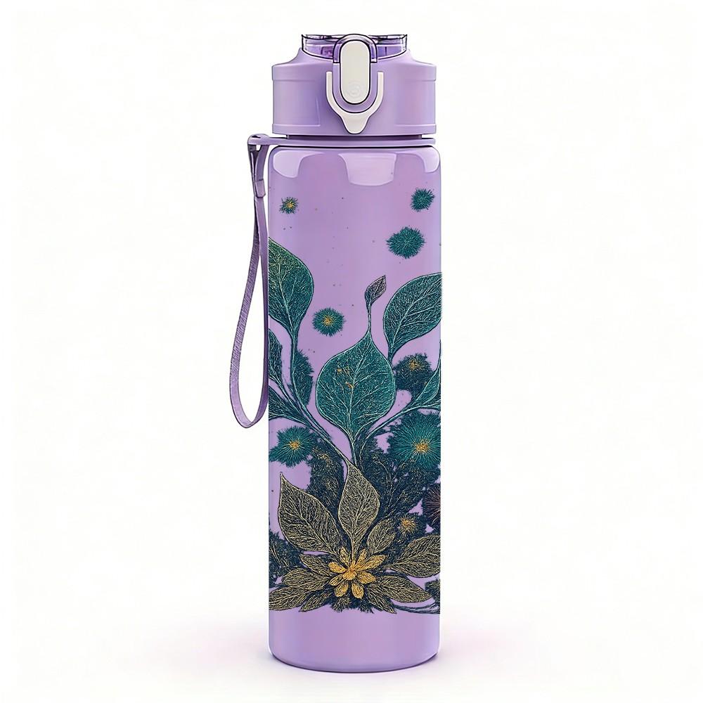 1PC Dark Teal Leaf Botanical Art Print 750ml Color Plastic Sports Water Bottle Leakproof Flip Straw Lid Suitable for Sports Office Home Use
