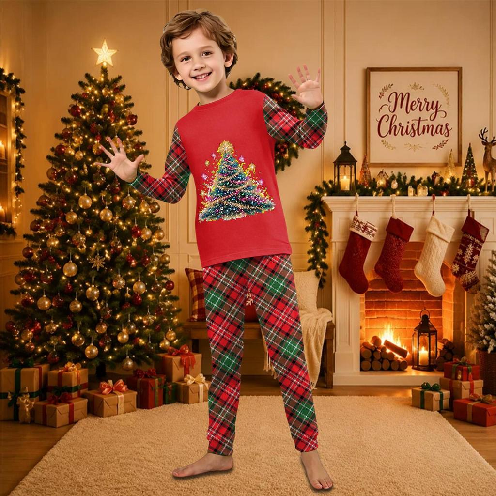 Christmas-print long-sleeve and long-pant matching family loungewear set