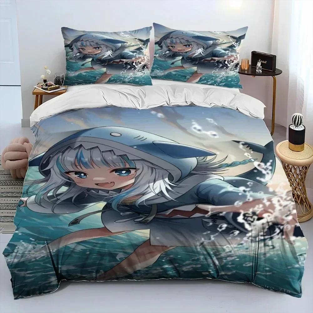 Cute Gawr Gura Hololive Anime Shark Bedding Set Printed Bed Set With Pillowcase Duvet Cover Soft Queen King Size Bedclothes Home