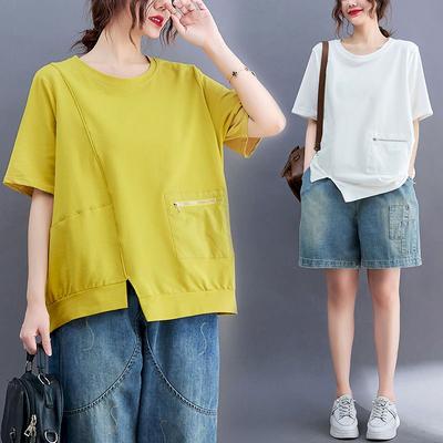 T-shirt en coton pour femme, décontracté, ample, manches courtes, surdimensionné, avec poches zippées et patchwork, été