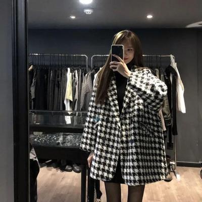 Winter Thickened Woolen Coat Loose Style with Classic Houndstooth Pattern for Women