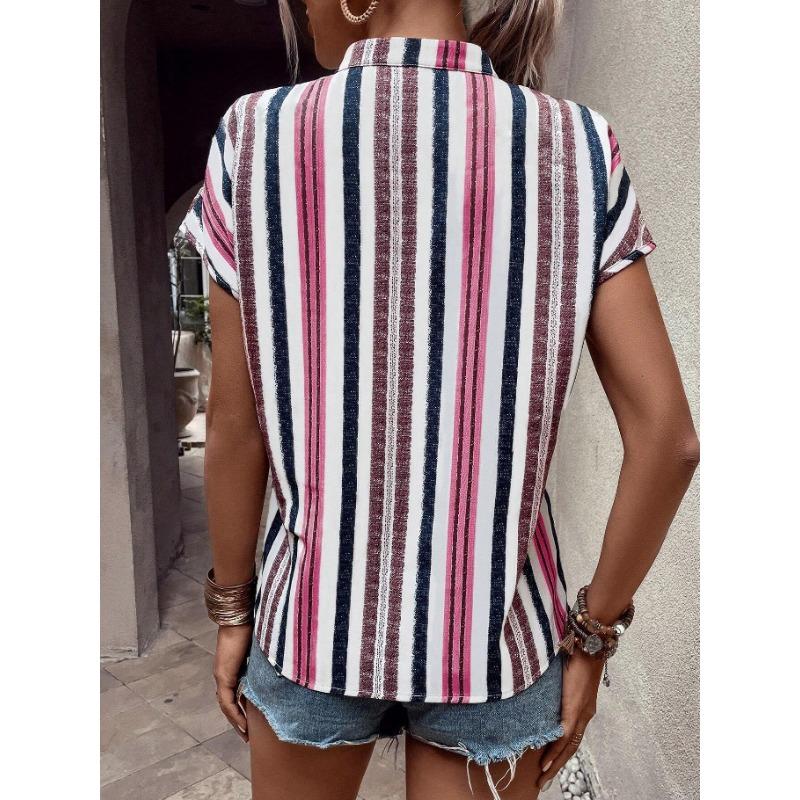 Summer New Fashion Women's Striped Printed V-neck Bat Sleeve Shirt Top