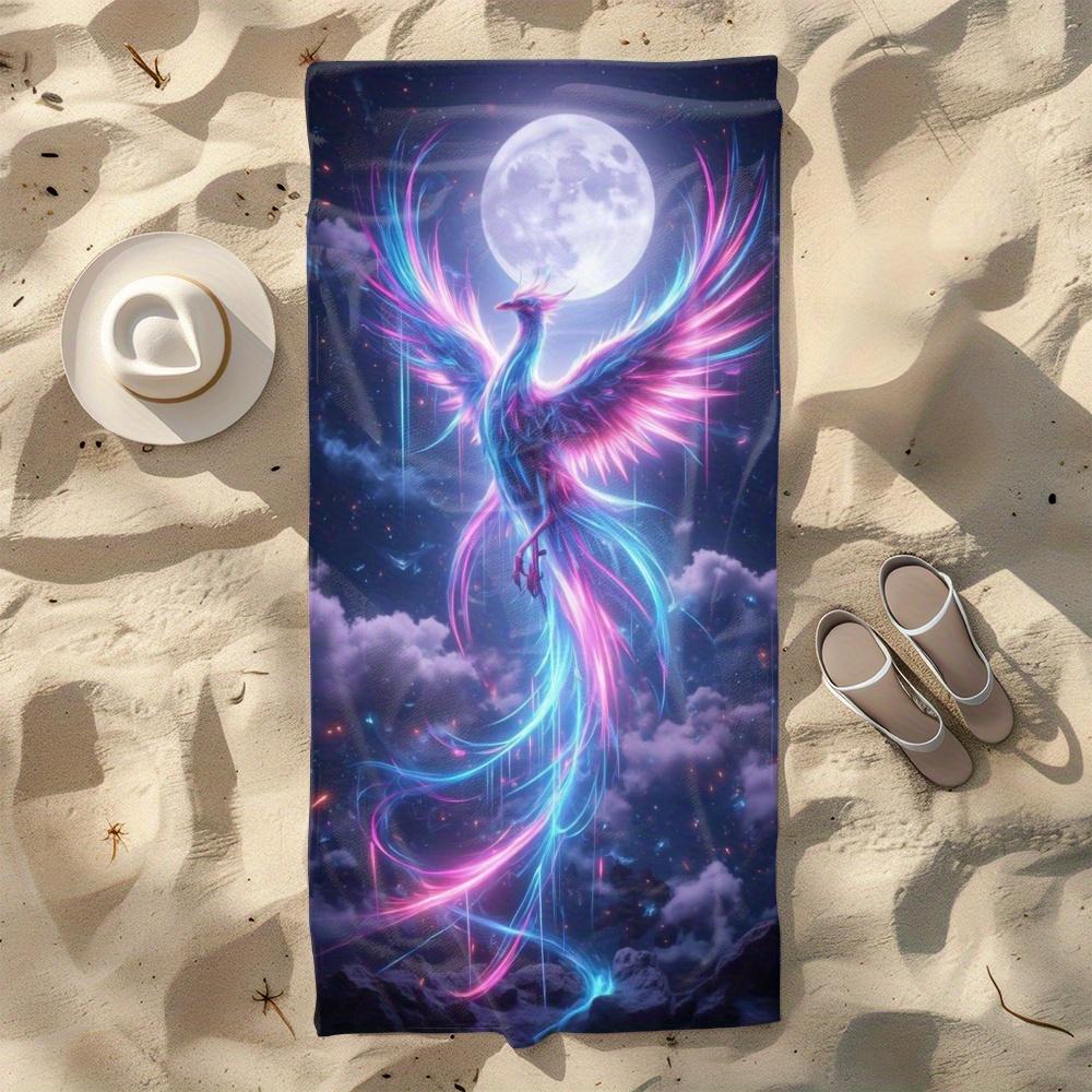 1 Stück Neon-Phönix Strandtuch Fantasy-Vogel-Druck Kosmisches Mond-Design Schnelltrocknend Weiche Mikrofaser Badetuch für Frauen Spirituelles Geschenk