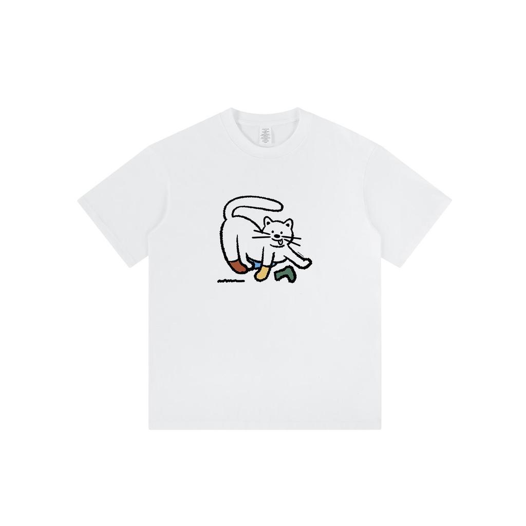 Damen T-Shirt mit japanischem Kätzchen-Print - Reine Baumwolle, Kurzarm, Niedlich und locker geschnitten mit Rundhalsausschnitt