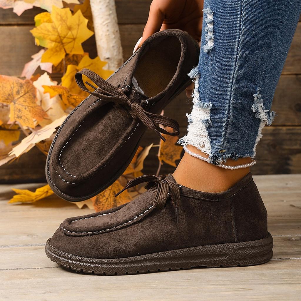 Vintage Khaki Split Suede Low-top Boots Casual Loafers Soft Sole Shoes with Lace-up Genuine Leather Shoes for Women's Autumn
