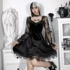 Grunge Goth Gothic Schwarzes Minikleid Spitzenbesatz Hohe Taille Bodycon Damen Vintage Punk Lolita Tuch