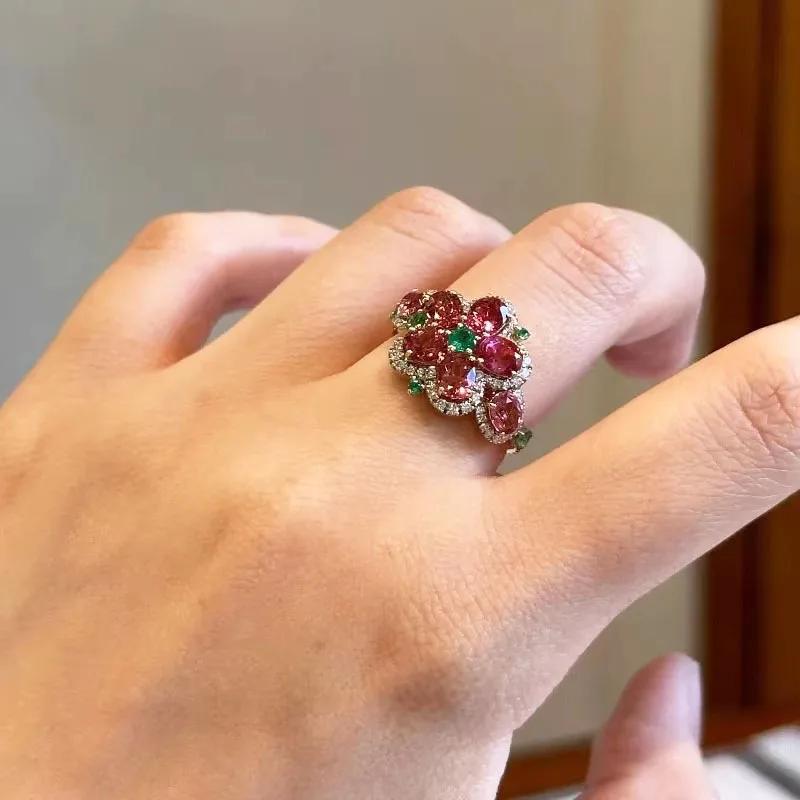 

Милые Ослепительные Серьги-цветы с яркими красными камнями в пасторальном стиле для женщин, кольца, маленькие изысканные серьги, свадебный ювелирный набор