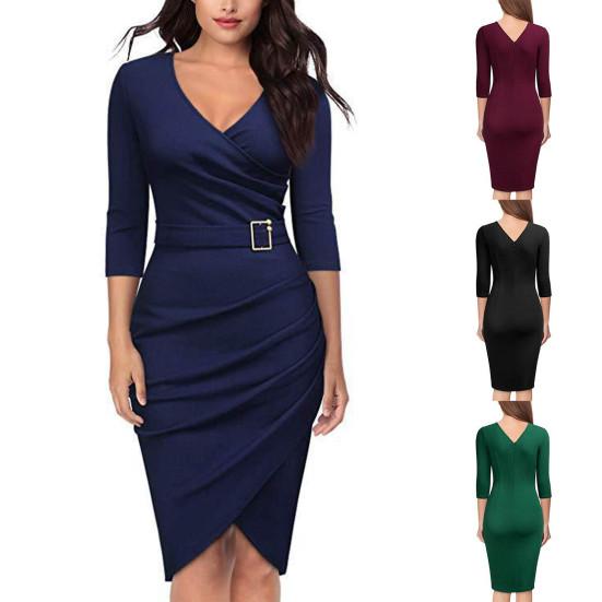 Lady Dress Solid Color V Neck Slim Casual Sheath Dress for Daily
