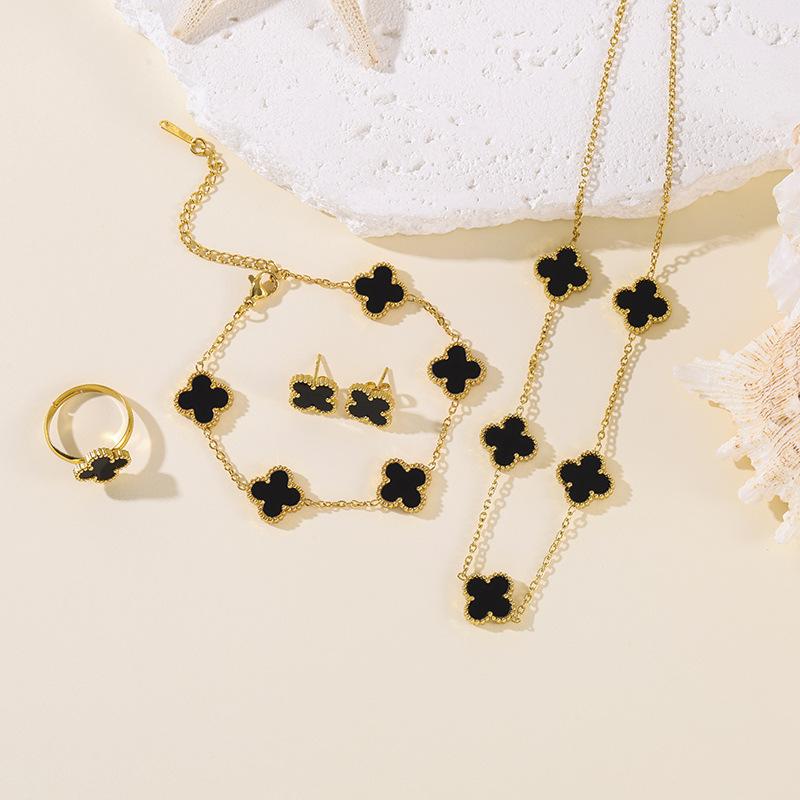 4pcs Four-Leaf Clover Four-Piece Set Including Necklace, Bracelet, Earrings and Ring, Versatile Lucky Five-Petal Fashion Jewelry