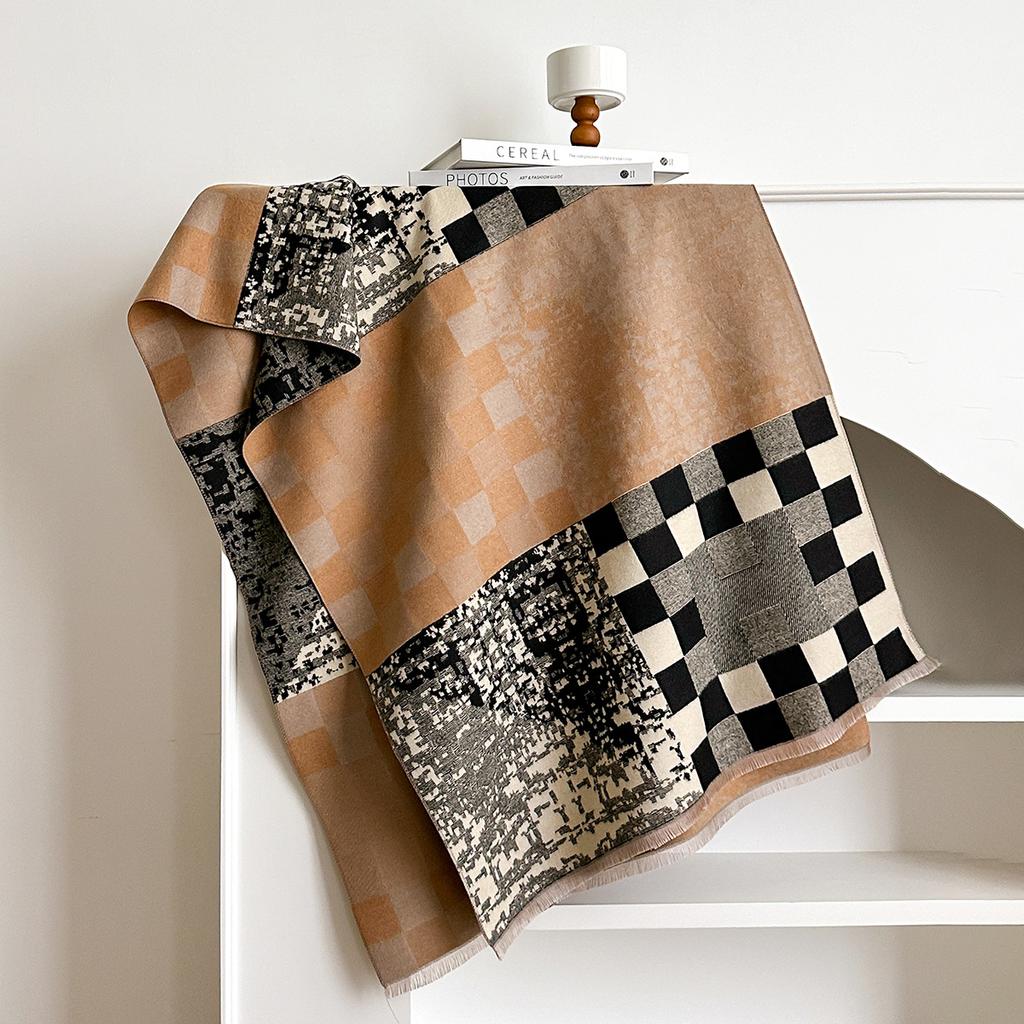 Winter Geometric Splicing Letters Versatile Simple Neck Protection Warm Scarves High Temperament Women Two-Sided Jacquard Shawl