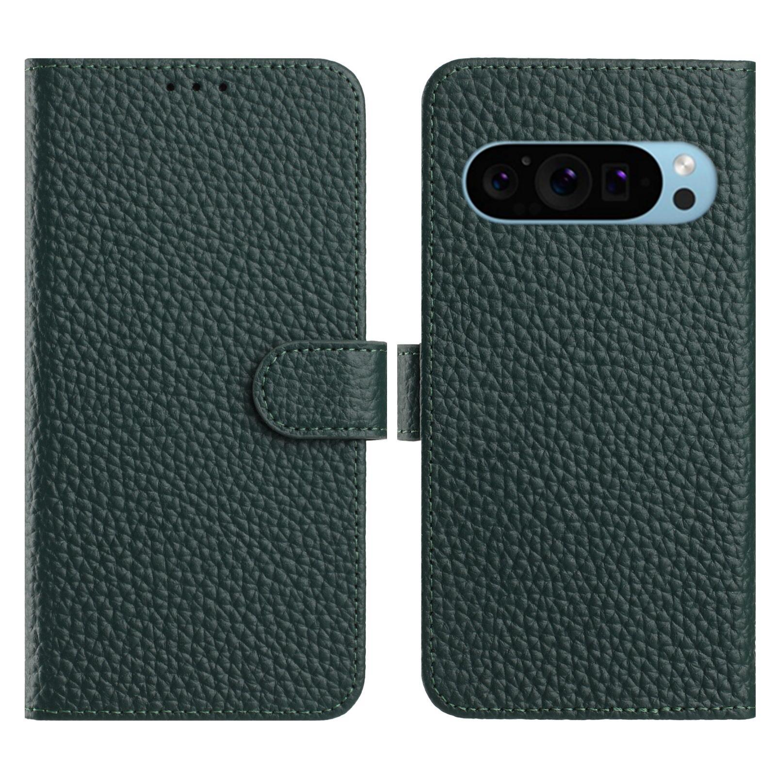 

For Google Pixel 10 Pro XL/Pixel 9 Pro XL Case Wallet Stand Litchi Texture Genuine Cow Leather Flip Phone Cover Green