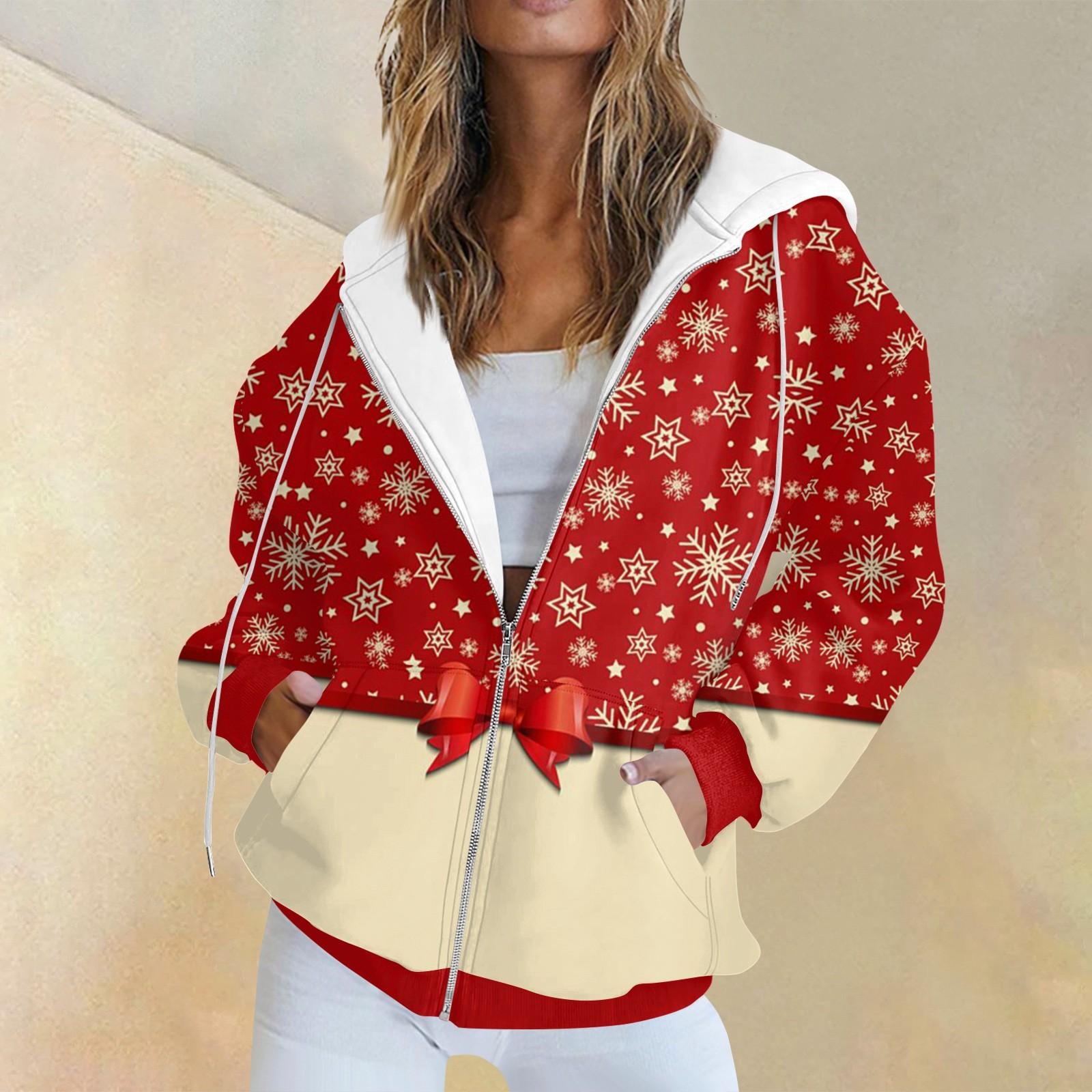 

Женская модная повседневная толстовка с рождественским принтом и длинными рукавами, карманная куртка, пальто с капюшоном на молнии M красный