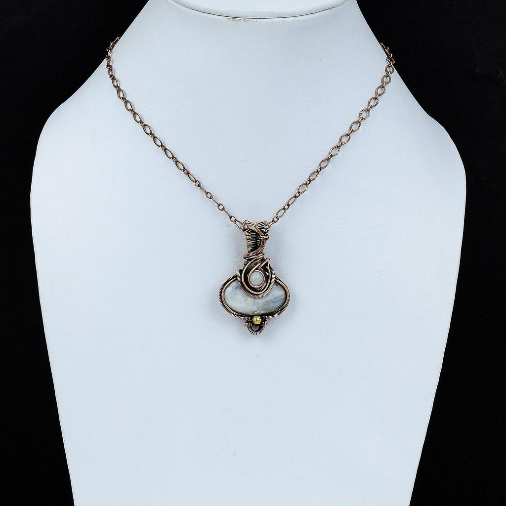 Blue Scheelite Pendant Copper Wire Wrapped Rainbow Moonstone Pendant Handmade Copper Jewelry Gift For Mom Gemstone Pendant Wire Wrap Jewelry