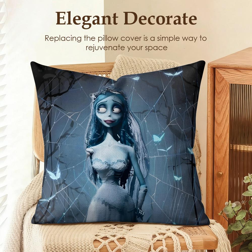 Movie C-Corpse Bride Cushion Cover Natural Linen Organic Fabric Double-Sided Printing Sofa Home Decor Gift Pillow Case