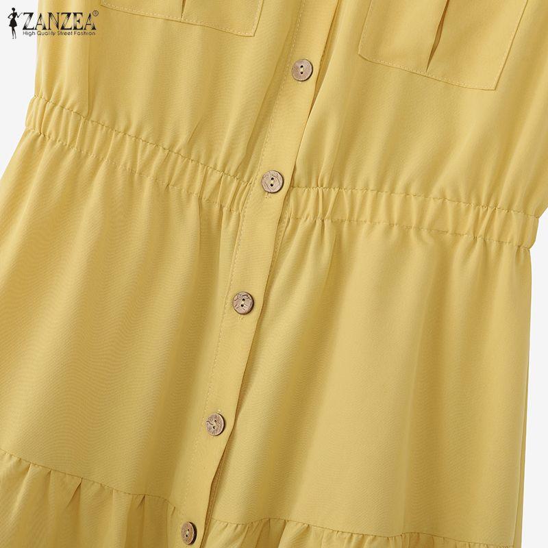 ZANZEA Women Casual Turn Down Collar Loose Sleeveless Dress