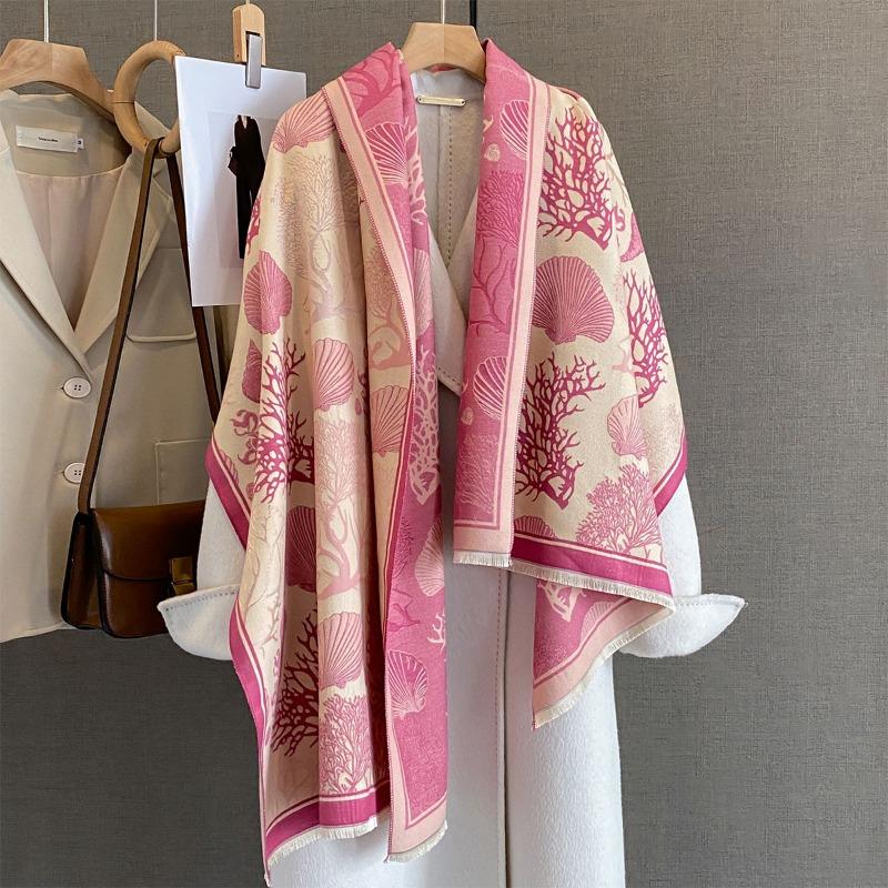 Autumn Warm Shawl Fashionable Versatile Marine Element Printed Scarf Femininity Long Style with Imitation Cashmere Scarf