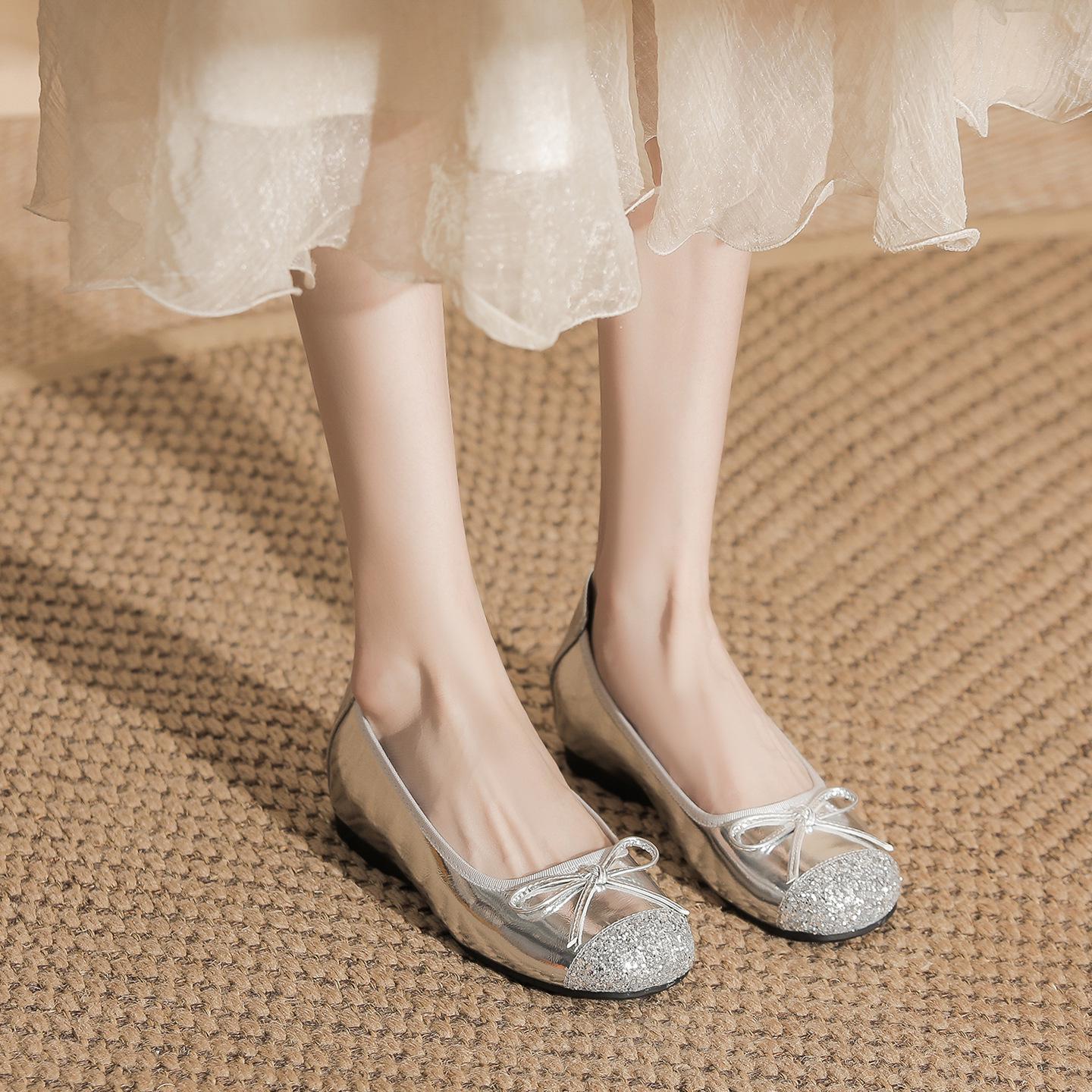 

Маленькие 5-сантиметровые балетки на скрытом каблуке с бантом и низким вырезом для женщин - 2025 Сладкое сочетание с юбкой 38