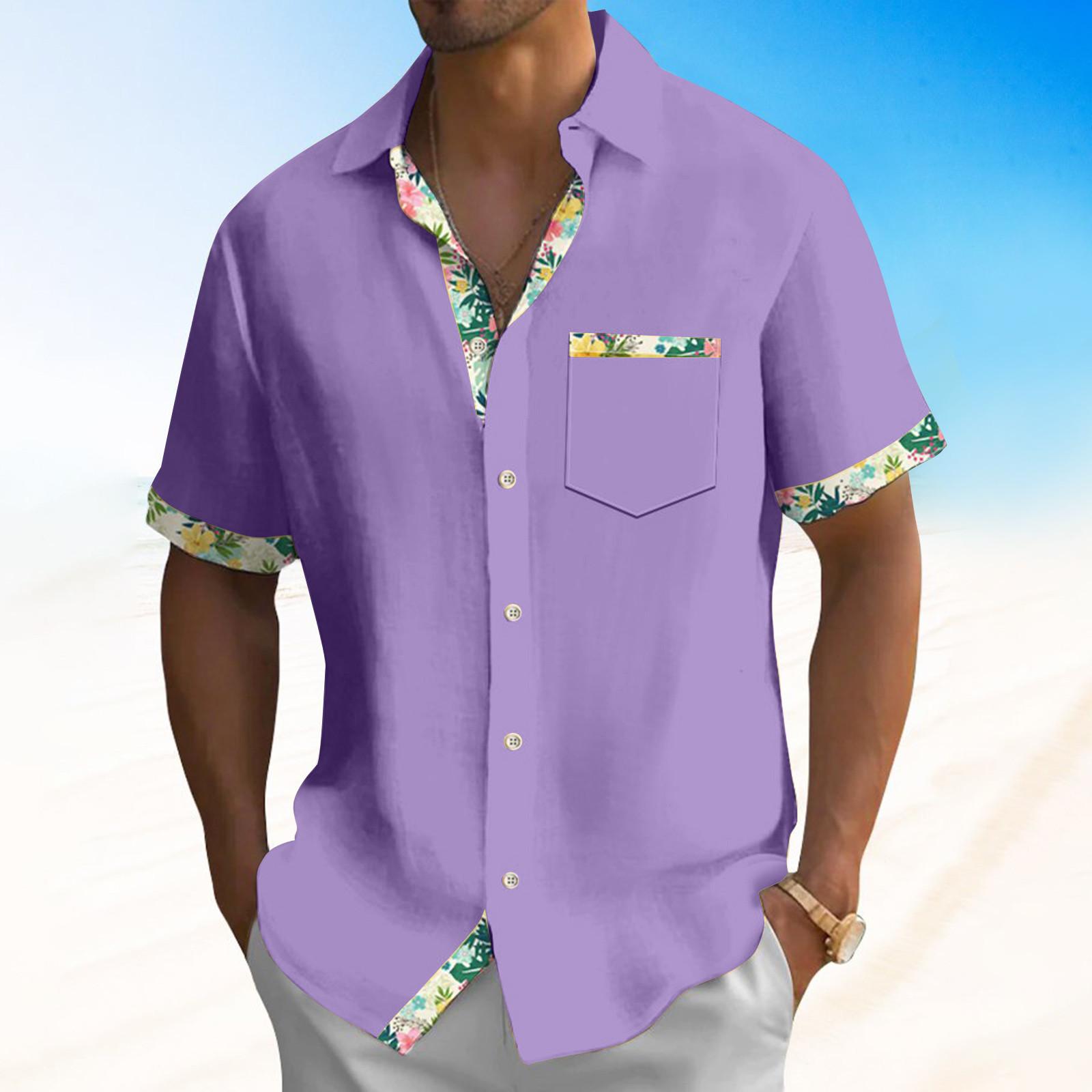 

Гавайская рубашка для мужчин, мужские винтажные рубашки для боулинга на пуговицах, летняя пляжная рубашка с коротким рукавом XXXXL фиолетовый