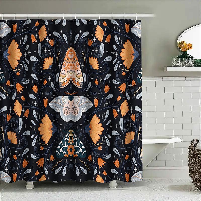 Moth Shower Curtain Botanical Forest Nature Decor Vintage Floral Bathroom Set Dark Academia Aesthetic Home Decor