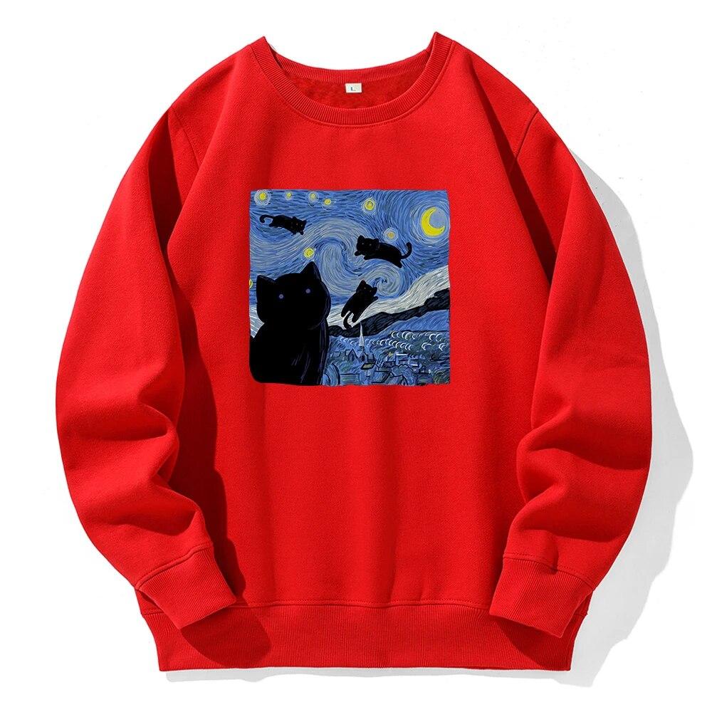 Pictură în ulei Pisică neagră Noapte înstelată Imprimare Glugă Unisex Moda sportivă Noi Hanorace Fleece Hanorac cald Hanorac largi supradimensionat