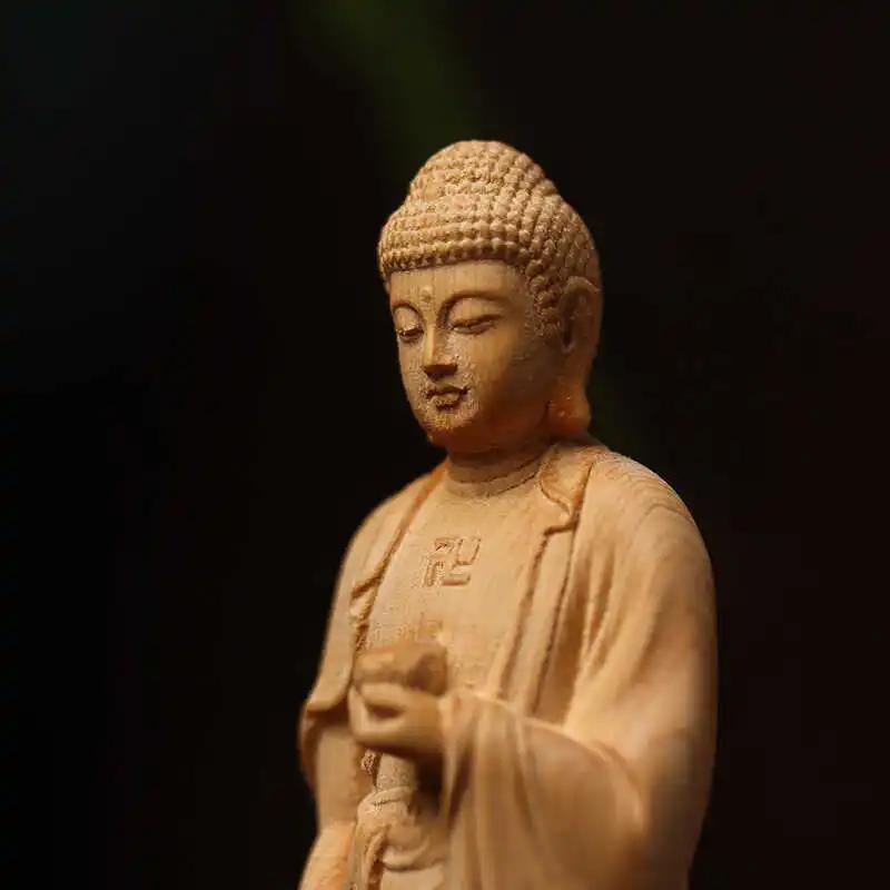 Cliff Cypress Wood Carving Statue of Shakyamuni Buddha Wood Engrave Wooden Sculpture Home Crafts Ornaments Decoration