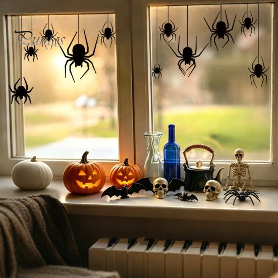Window Clings Halloween Spider Static Cling, Black Silhouette Glass Wall Sticker, No Residue Self-Adhesive Decal Spooky Decal, Decor for Home