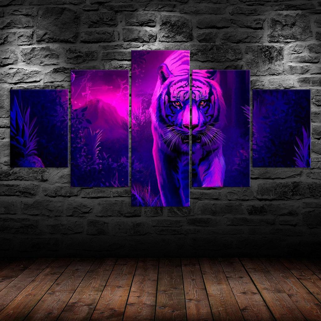 Mystic Tiger Purple Forest Scenery 5 Piece Five Panel Wall Canvas Print Modern Art Poster Picture Home Decor Gift For Him For Her