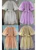 Solid Color Pleated Lace Puff Sleeve Dress with Belted Waist and Stand Collar