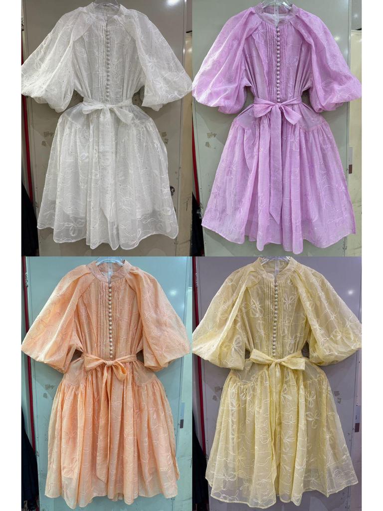 Solid Color Pleated Lace Puff Sleeve Dress with Belted Waist and Stand Collar