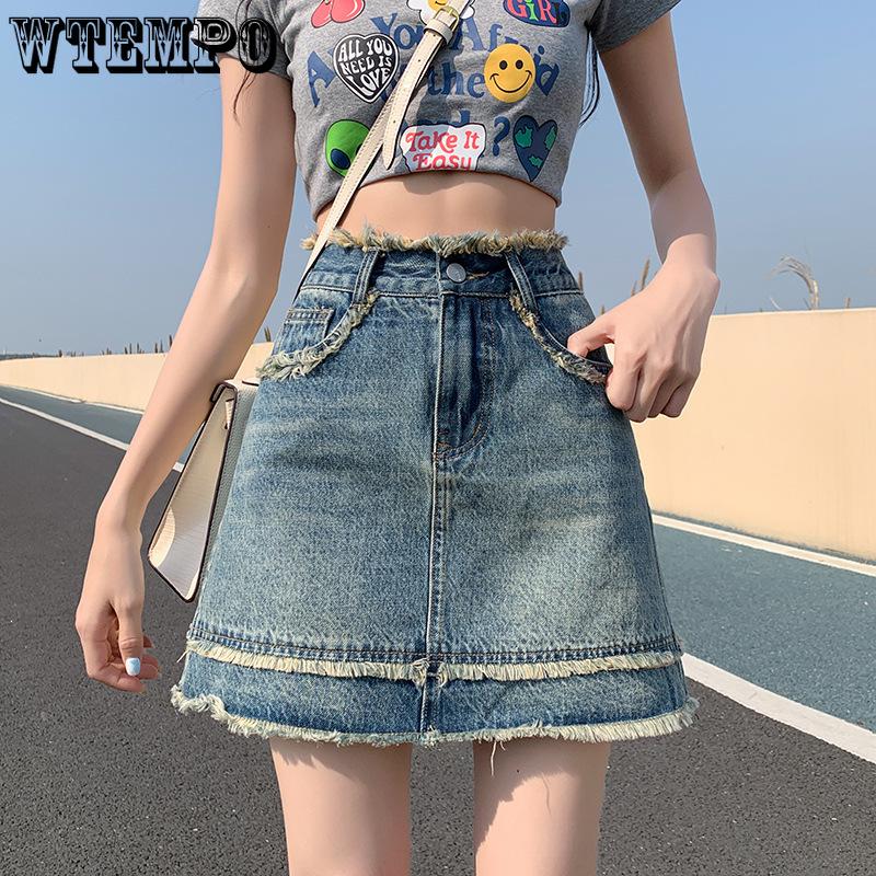 

Summer Women s High Waist Cowboy Skirt A-line Half Length Skirt Retro Short Skirt S
