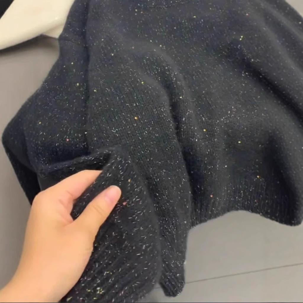 Beautiful starry sky sequins black high-matching raccoon fleece sweater women's soft waxy knitted top