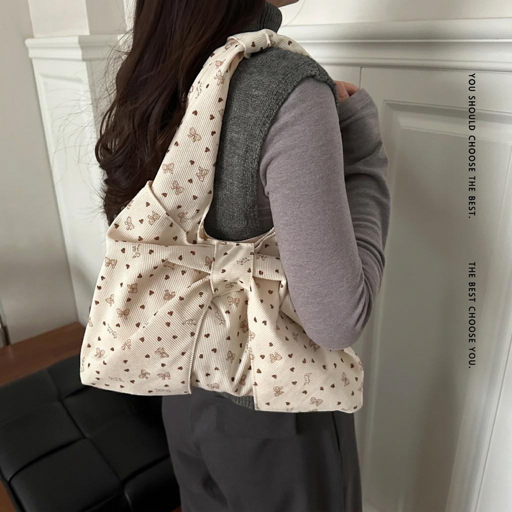 Corduroy Shoulder Bag Girly Dumpling Tote Bag Bow Print Bag Soft For Shopping Decorative Matching Piece Daily Commuting