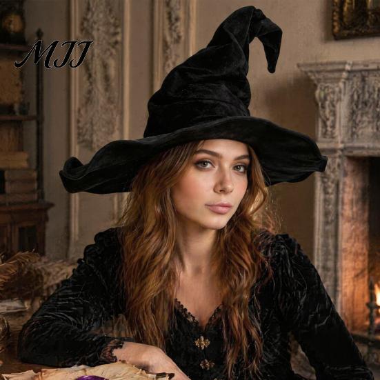 Accessori Costumi da Mago per Adulti Cappello da Strega Donna, Grande Cappello Morbido in Tessuto di Velluto Arricciato, Performance Teatrale Festa di Halloween, Costume Cosplay,