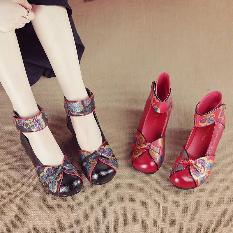Spring New Top Layer Cowhide Low Heel Soft Sole Shoes for Women's Shoes for Ethnic Style Genuine Leather Printed Single Shoes