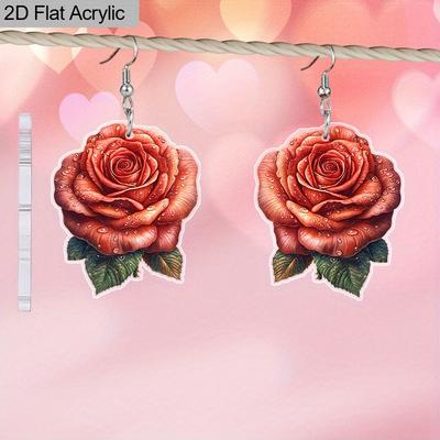 2D Flat Wedding Season Rose Flower Pattern Valentine's Day Festive Ear Jewelry Dangle Earring Jewelry Gift for Women Female