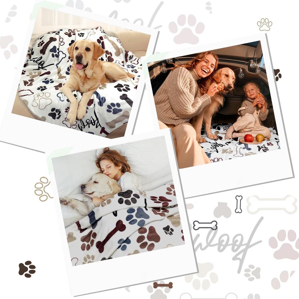 Dog Throw Blanket Dog Paw Bones Print Blanket Super Soft Flannel Fleece Blanket Lightweight Fluffy Plush Bed Blankets