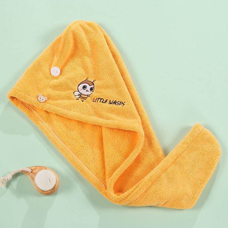 Cartoon Embroidery Coral Fleece Absorbent Dry Hair Cap for Women