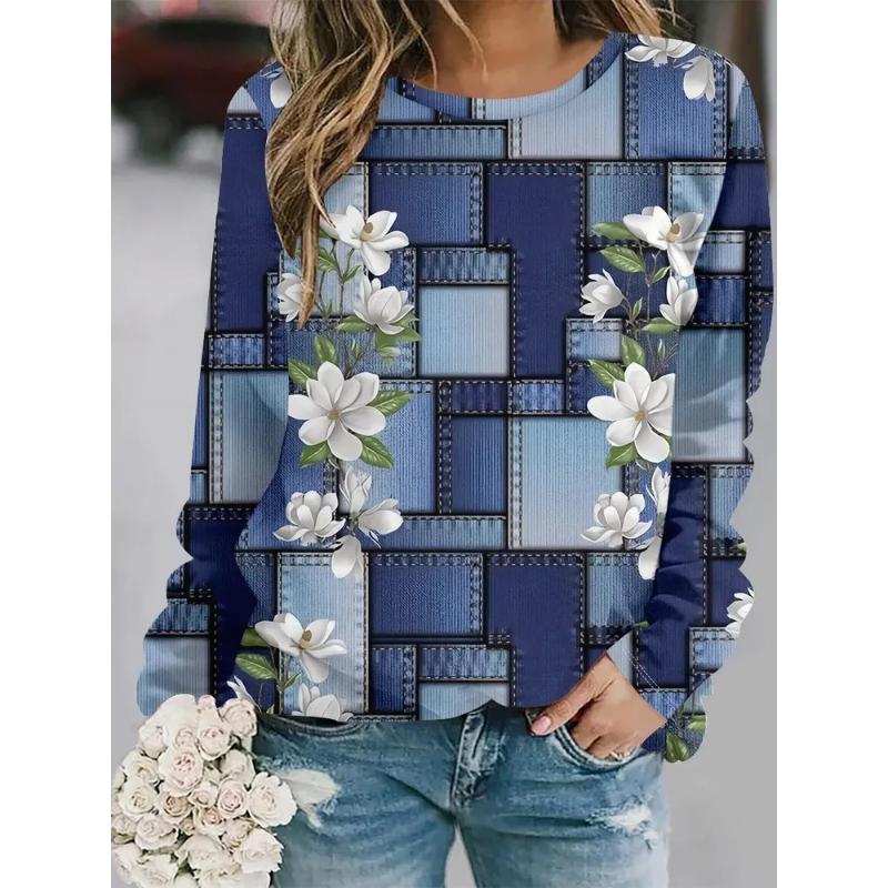 Fashion Women's Crew Neck Long Sleeve 3D Casual Color Printing Casual Long Sleeve T-Shirt