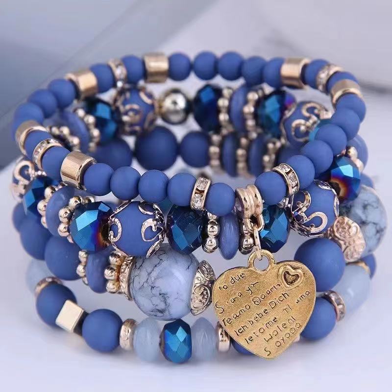 Bohemian-style Bracelet Set with A Fashionable Heart-shaped Pendant; Ethnic-style Multi-layered Crystal Elastic Bracelet