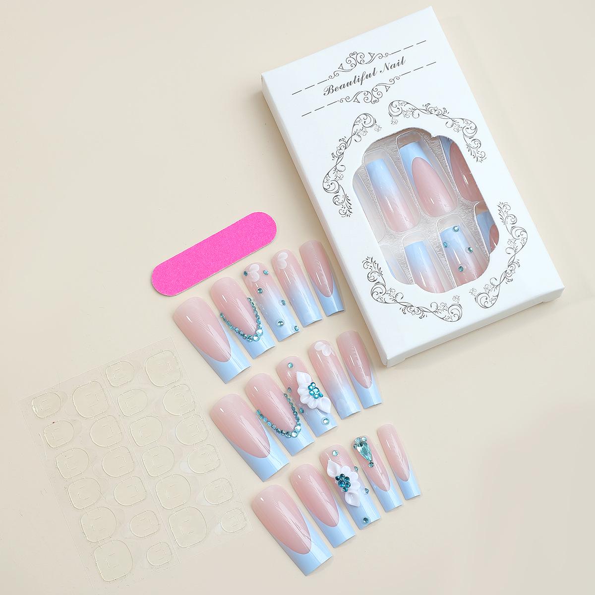 

3D Butterfly Blue French Edge Extra Long Wearable Nail Pieces