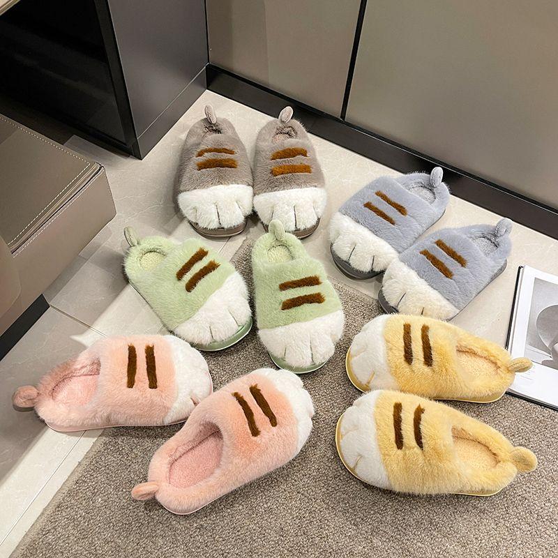 Fashion Ins Cat Paw Slippers Adults Winter Flip Flops Men Warm Fur Slides Fluffy Kitty Fuzzy House Shoes Unisex Animal Claw Slippers Man
